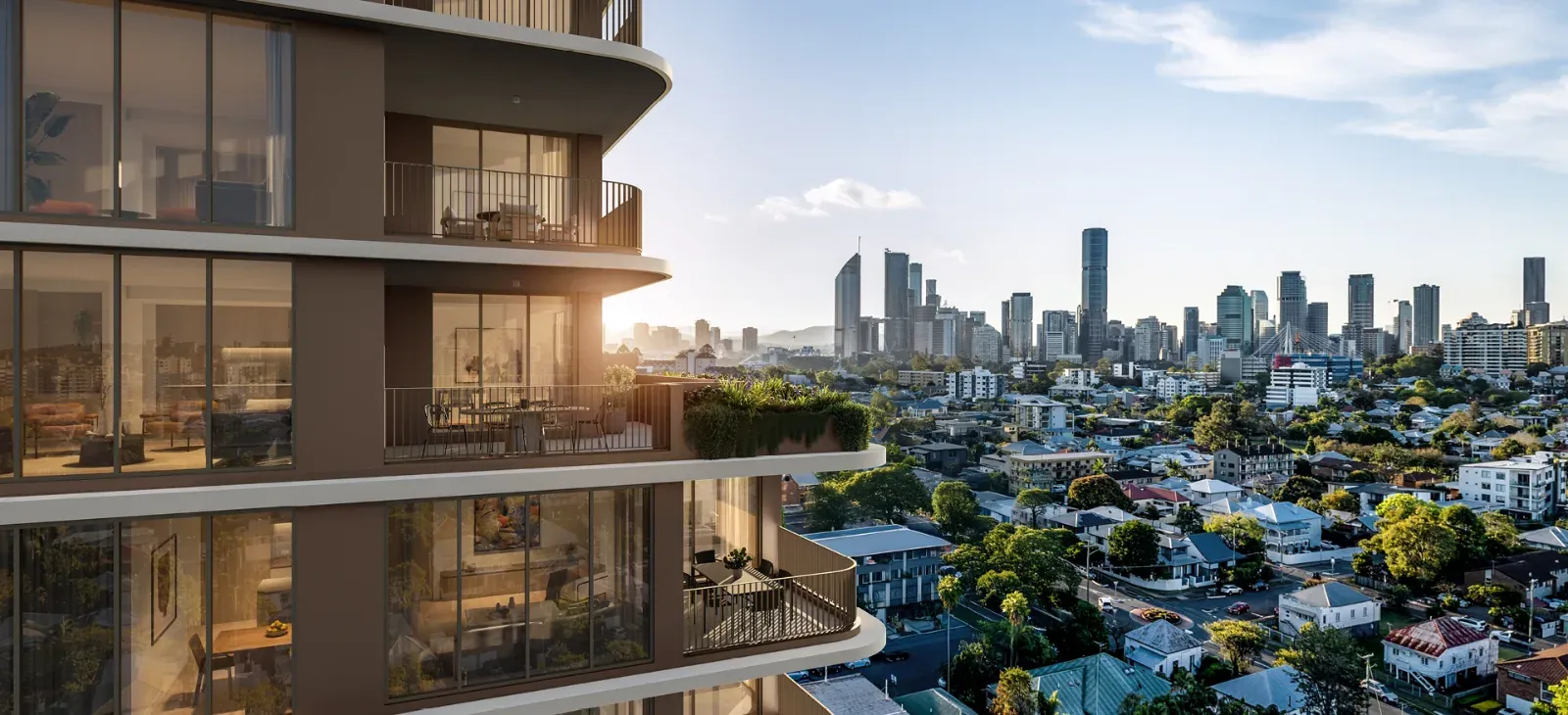The Carter tower balconies with the Brisbane skyline