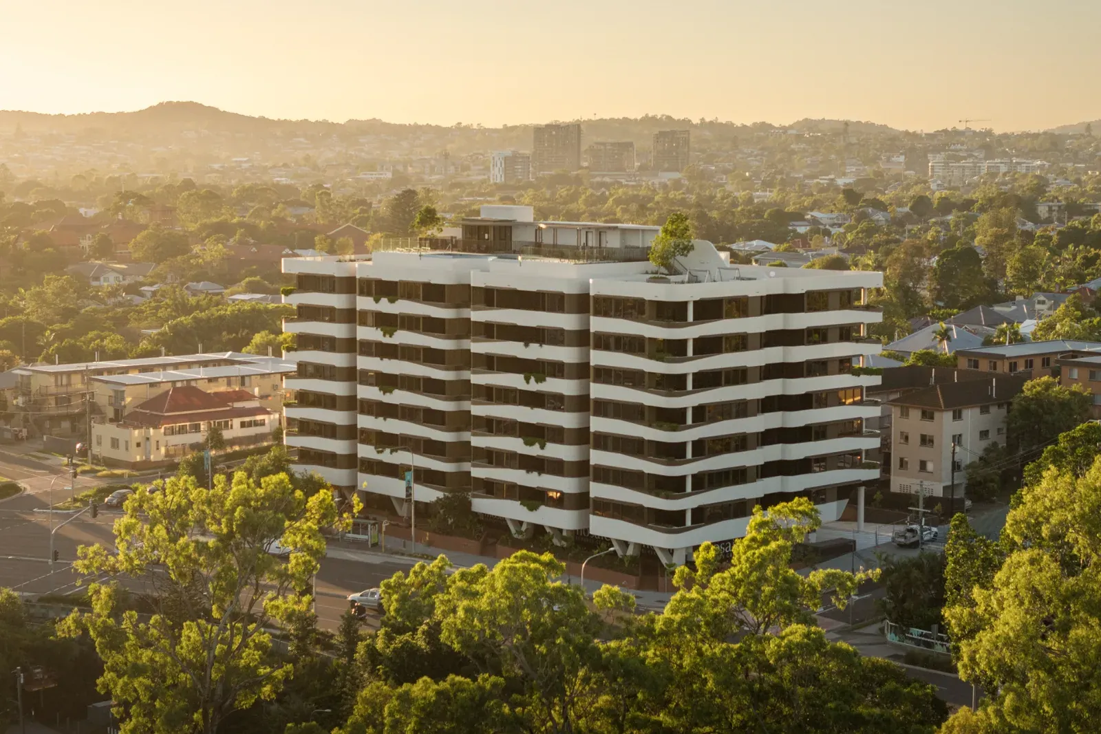 The Mowbray apartment building in East Brisbane at dusk