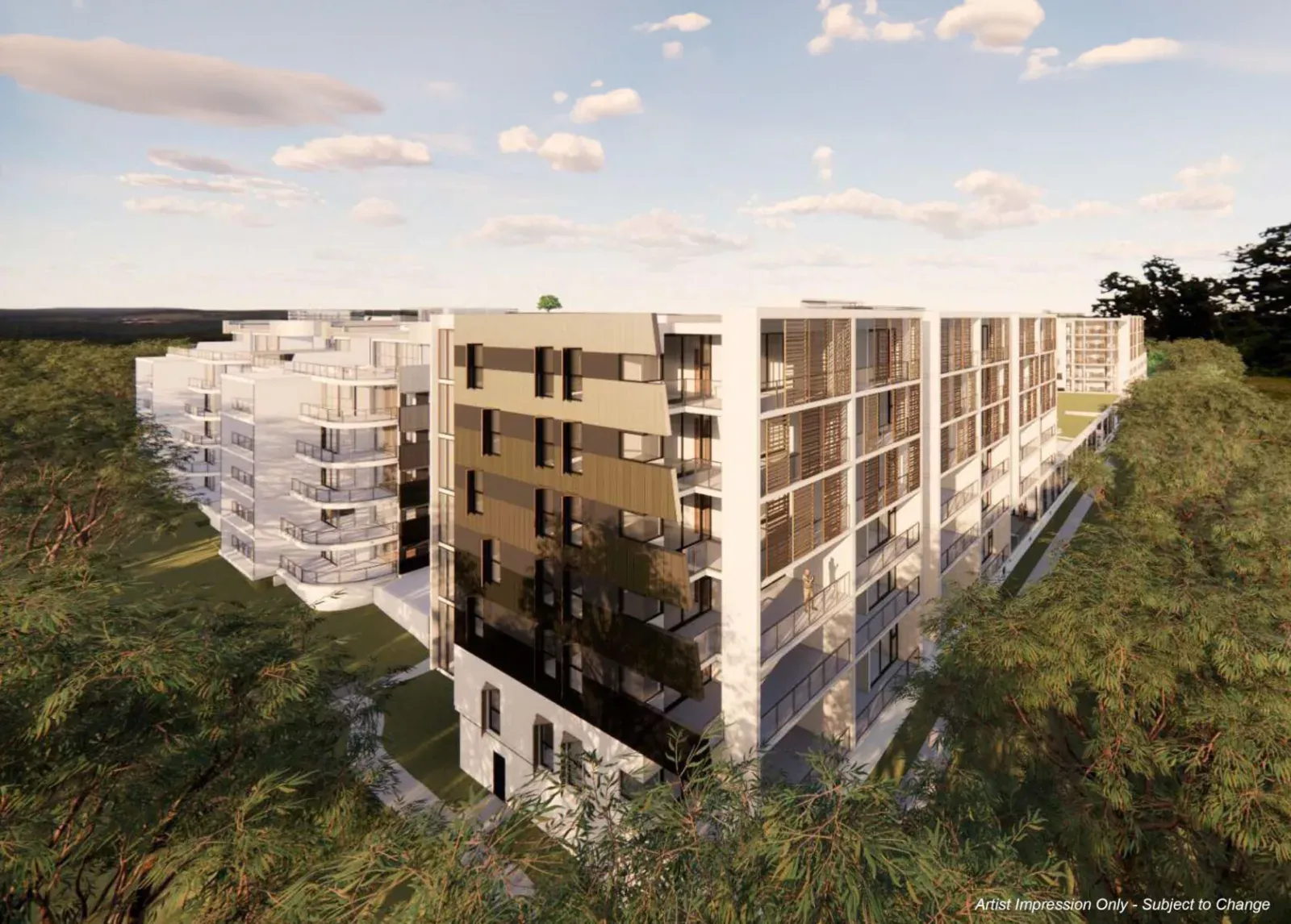 Render of The Village Manly retirement apartments among trees